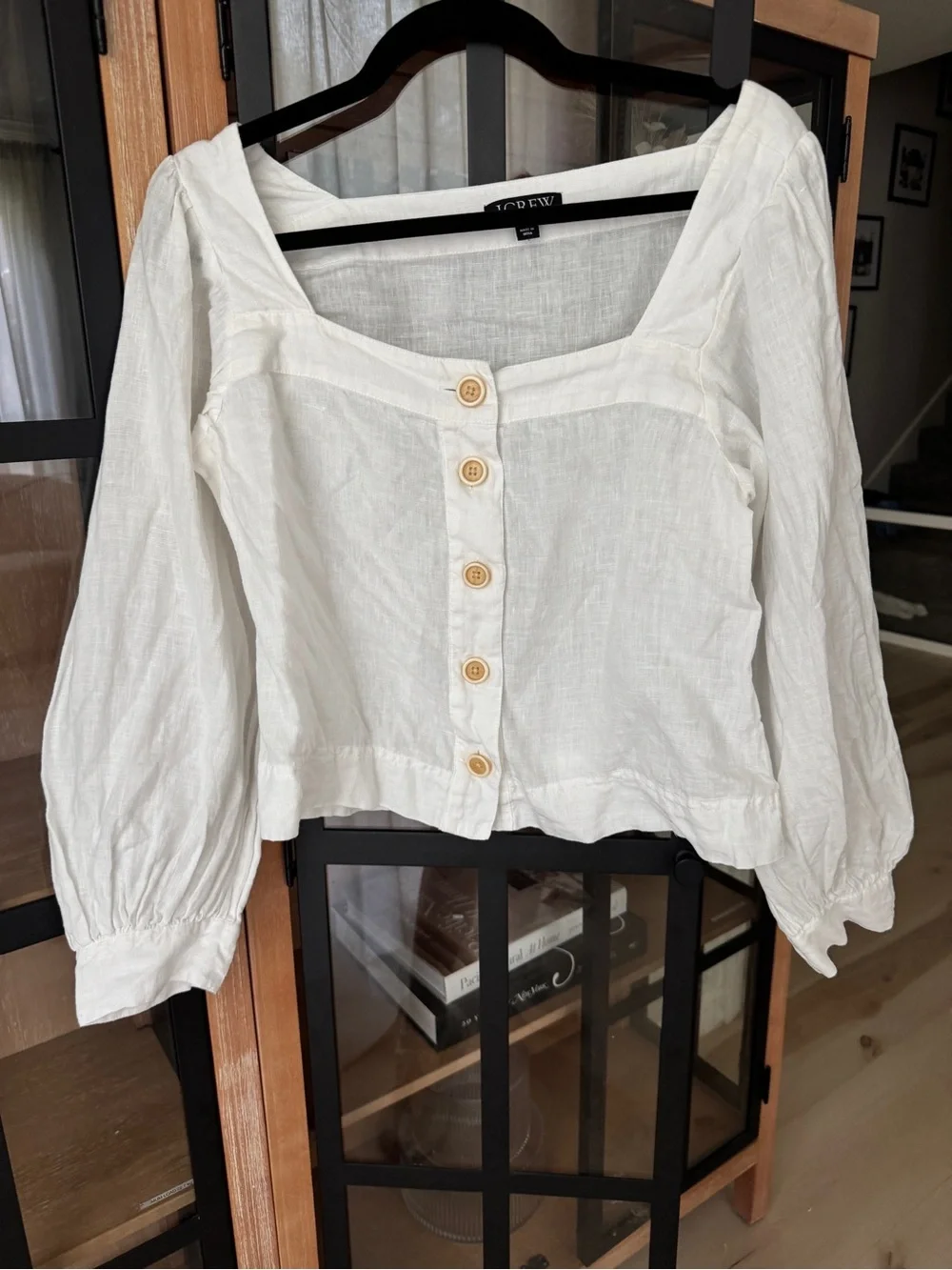 J. Crew linen top Squareneck button-up blouse puff long sleeve neutral